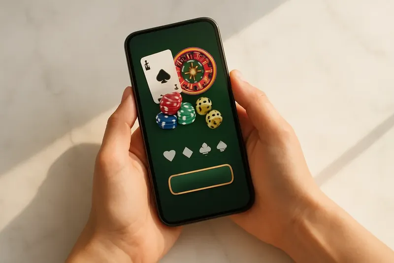 Close-up hands holding smartphone with casino app on marble surface