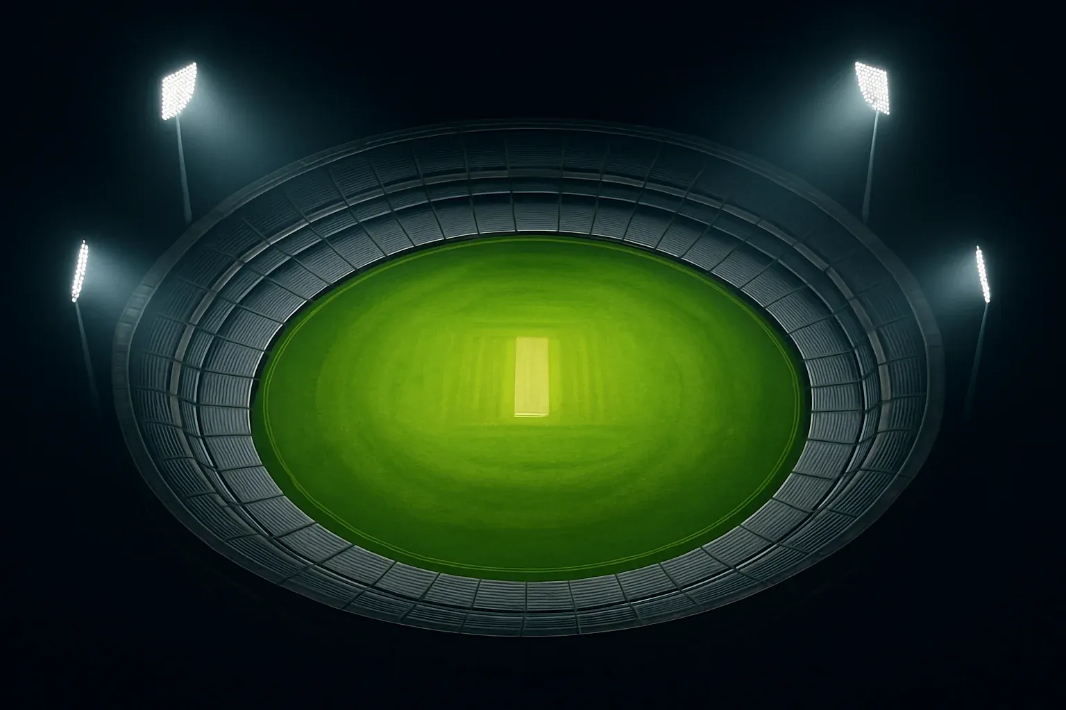 Night Cricket Stadium Aerial night view of cricket stadium with floodlights and vibrant green pitch