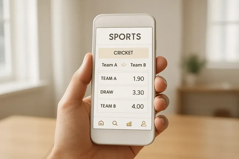 Modern sports betting app mockup on phone showing cricket match odds