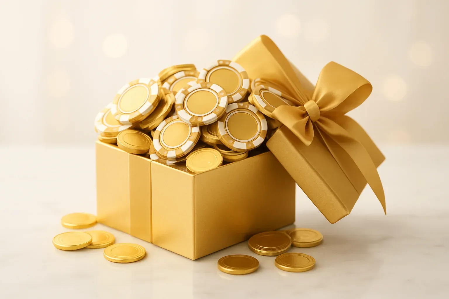 Golden Casino Bonus Golden gift box overflowing with poker chips and gold coins
