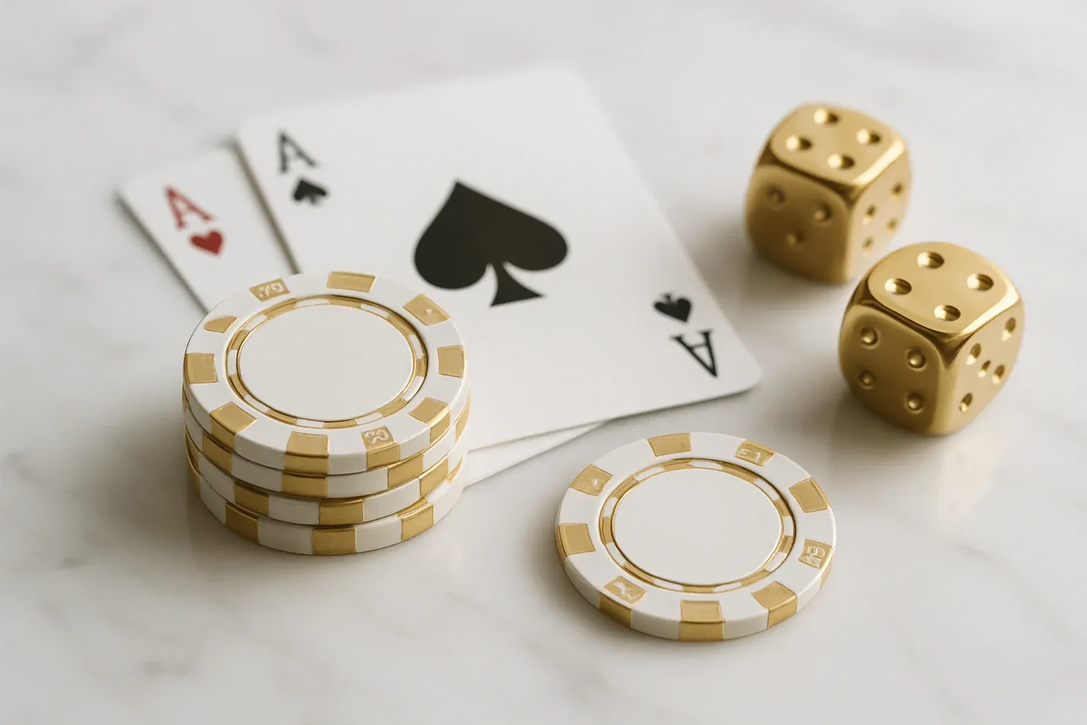 Elegant casino chips, cards, and dice on white marble with gold accents
