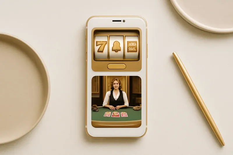 Mobile phone displaying casino app with slots and live games