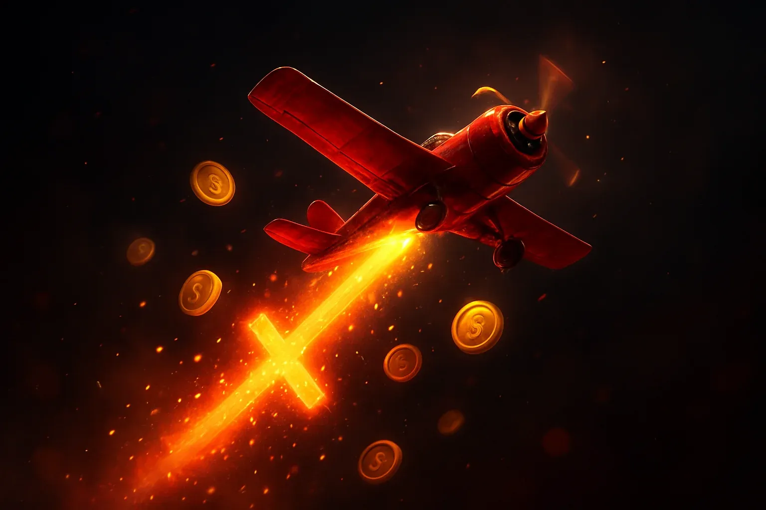 Aviator Crash Game Scene Red airplane climbing with glowing multiplier trail, coins, sparks, neon background