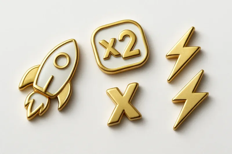 Gold and white instant game icons with rocket, multipliers, and lightning bolts