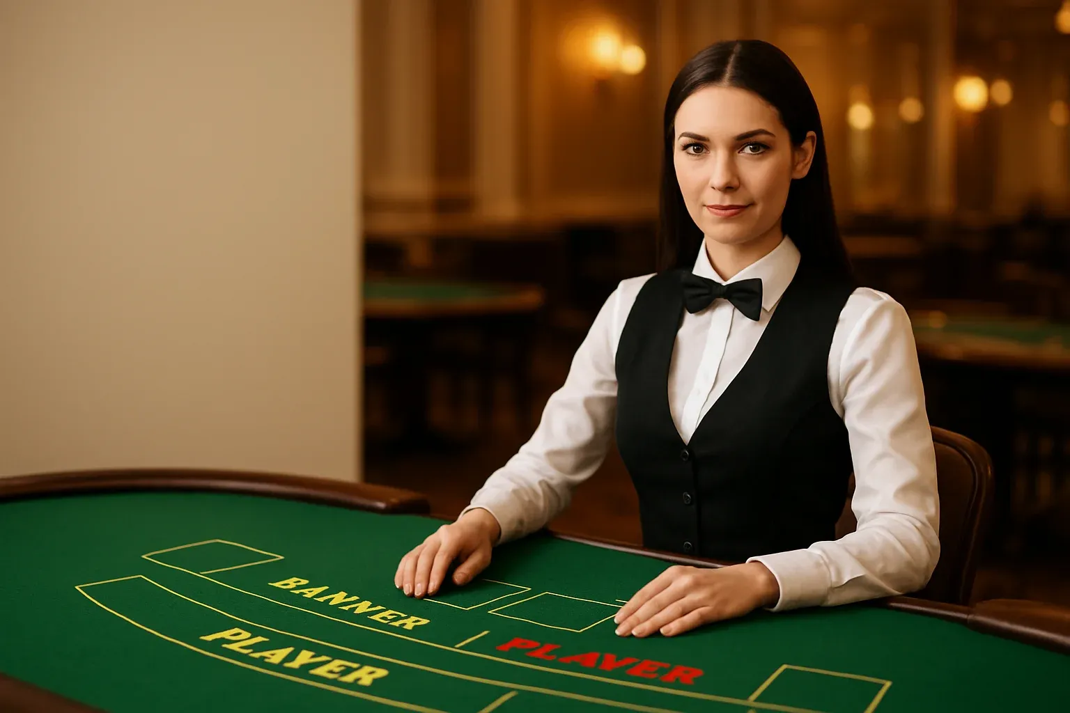Live Dealer Baccarat Professional female dealer at elegant live baccarat table with green felt