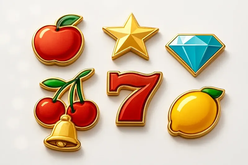 Assorted casino slot icons with fruit, diamonds, lucky 7s, stars